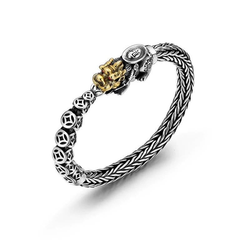925 Sterling Silver Pixiu Bangle with Copper Sycee Ingot and Chinese Coin Elements
