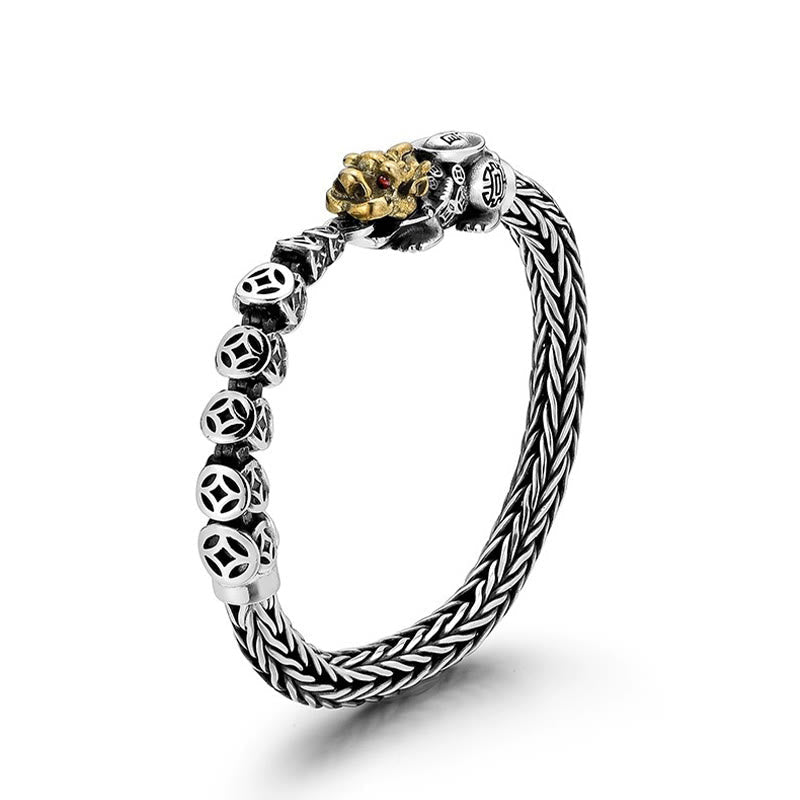 925 Sterling Silver Pixiu Bangle with Copper Sycee Ingot and Chinese Coin Elements