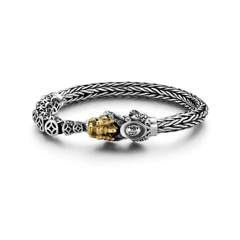 925 Sterling Silver Pixiu Bangle with Copper Sycee Ingot and Chinese Coin Elements