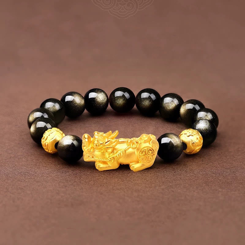 Natural Gold Sheen Obsidian & Copper Pixiu Om Mani Padme Hum Beaded Bracelet