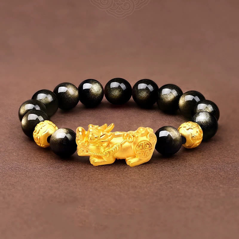 Natural Gold Sheen Obsidian & Copper Pixiu Om Mani Padme Hum Beaded Bracelet