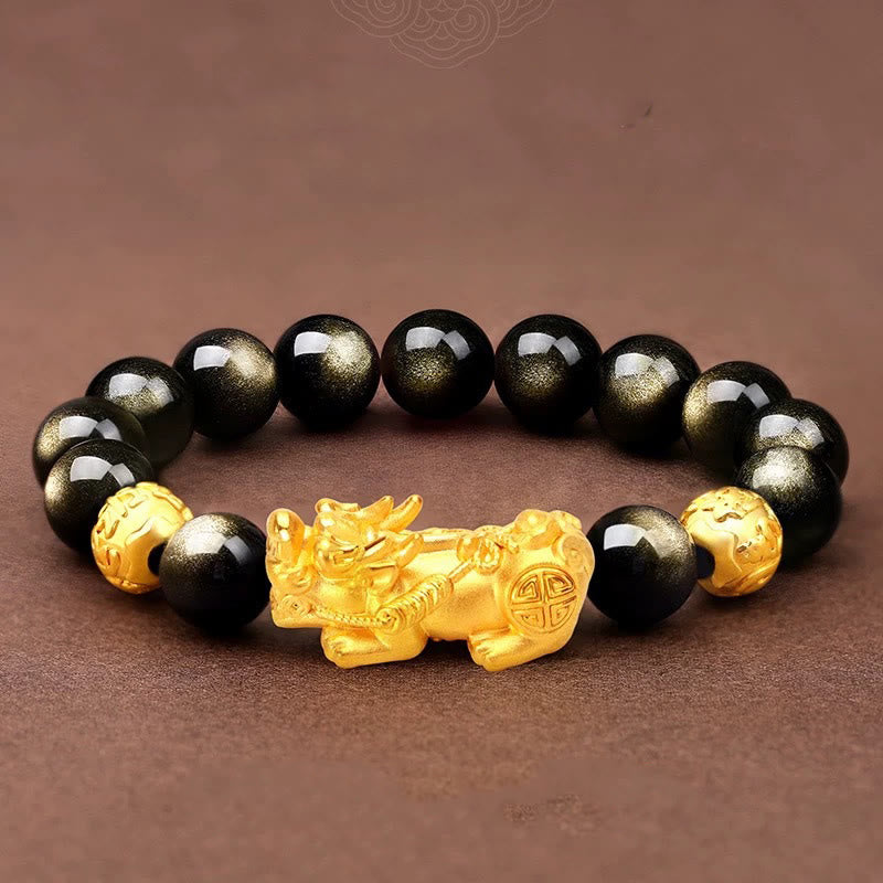 Natural Gold Sheen Obsidian & Copper Pixiu Om Mani Padme Hum Beaded Bracelet