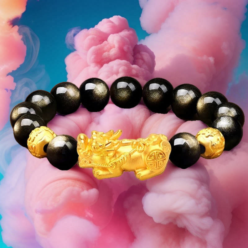 Natural Gold Sheen Obsidian & Copper Pixiu Om Mani Padme Hum Beaded Bracelet