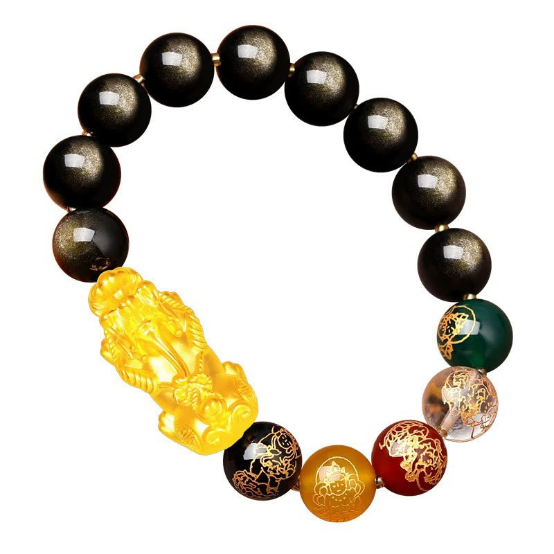 Natural Gold Sheen Obsidian & Copper Pixiu God of Wealth Beaded Bracelet