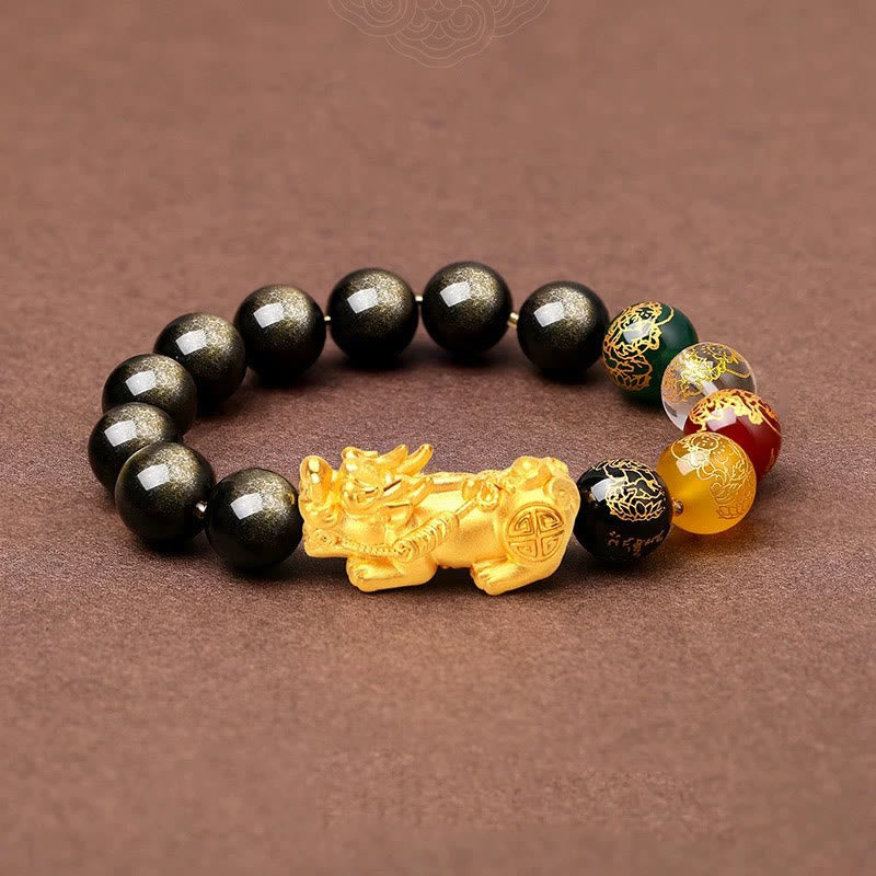 Natural Gold Sheen Obsidian & Copper Pixiu God of Wealth Beaded Bracelet