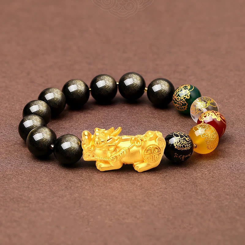 Natural Gold Sheen Obsidian PiXiu Five Directions Gods of Wealth Protection Bracelet