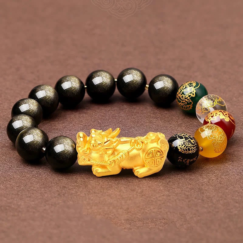 Natural Gold Sheen Obsidian & Copper Pixiu God of Wealth Beaded Bracelet