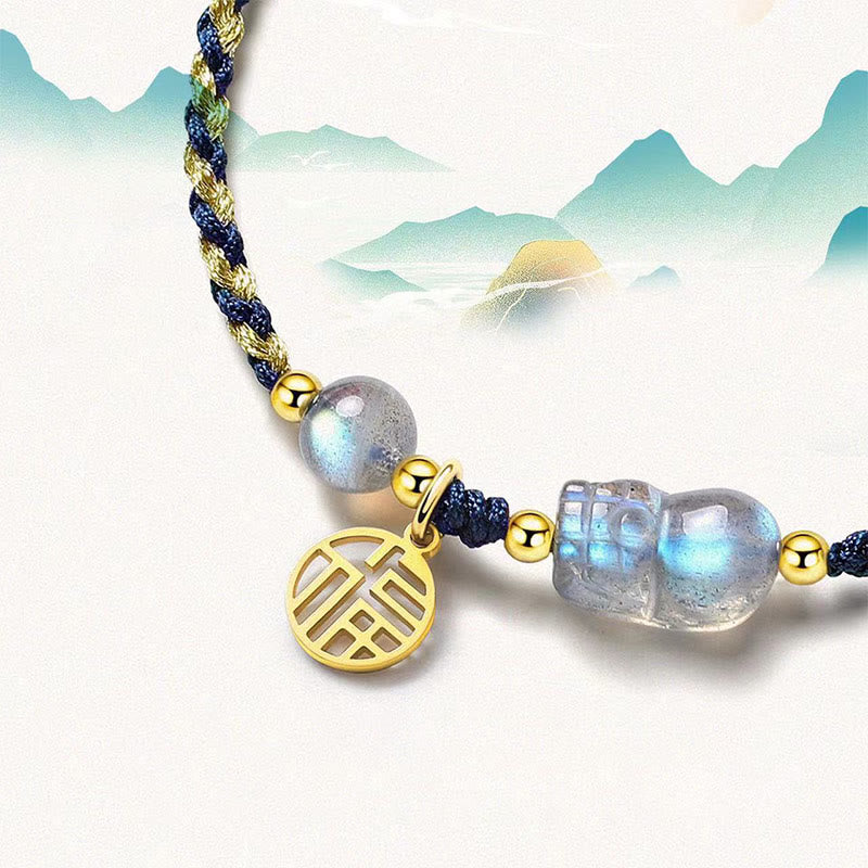 Moonstone PiXiu Blue Tiger Eye Fu Character Healing Couple String Bracelet