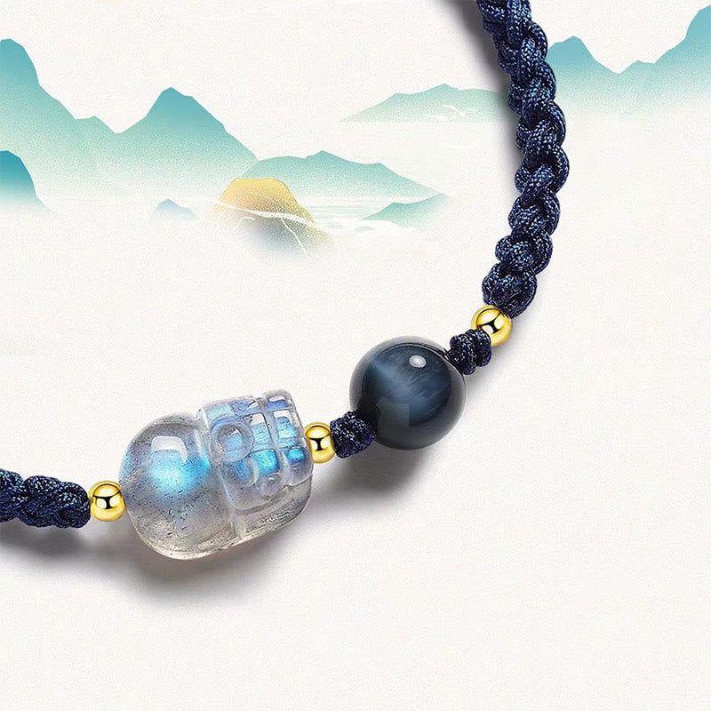 Moonstone PiXiu Blue Tiger Eye Fu Character Healing Couple String Bracelet
