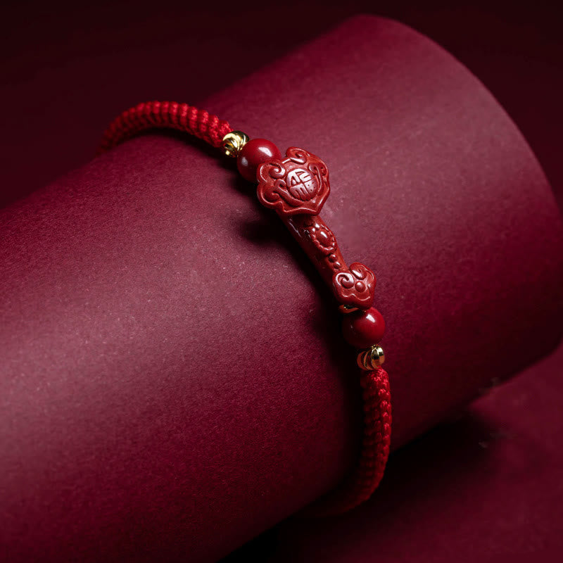 Handmade Cinnabar Ruyi and Pixiu Fu Character Braided Red String Bracelet