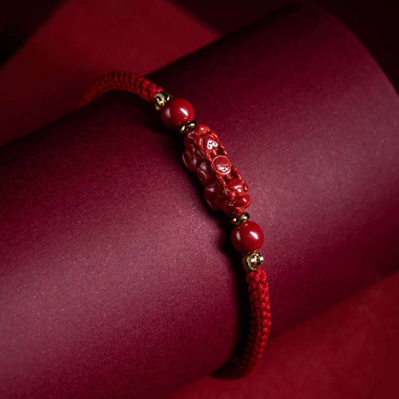 Handmade Cinnabar Ruyi and Pixiu Fu Character Braided Red String Bracelet
