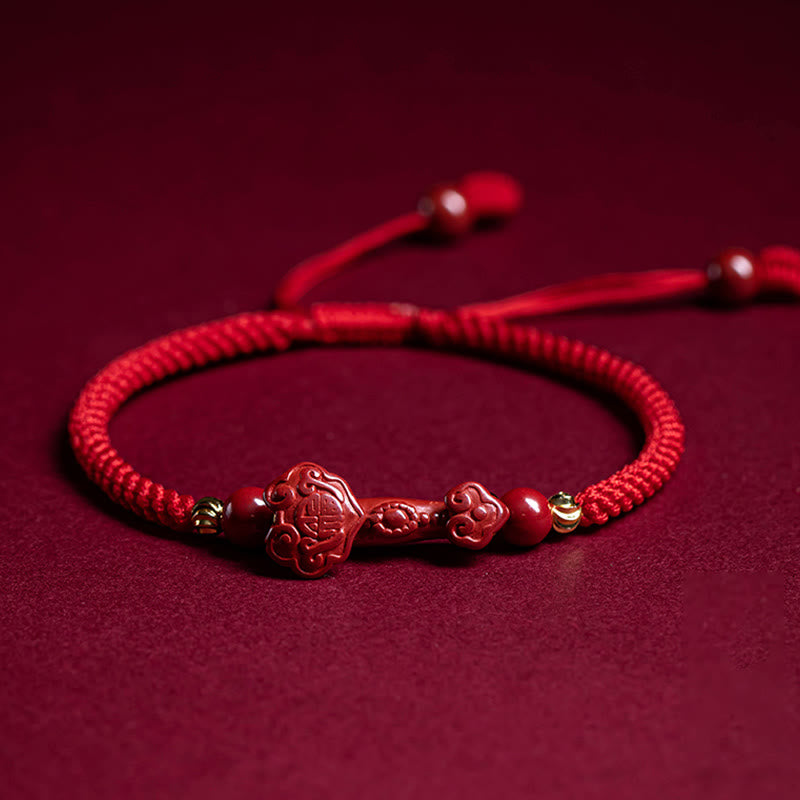 Handmade Cinnabar Ruyi and Pixiu Fu Character Braided Red String Bracelet