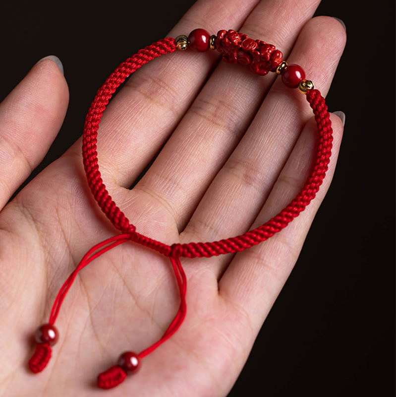 Handmade Cinnabar Ruyi and Pixiu Fu Character Braided Red String Bracelet