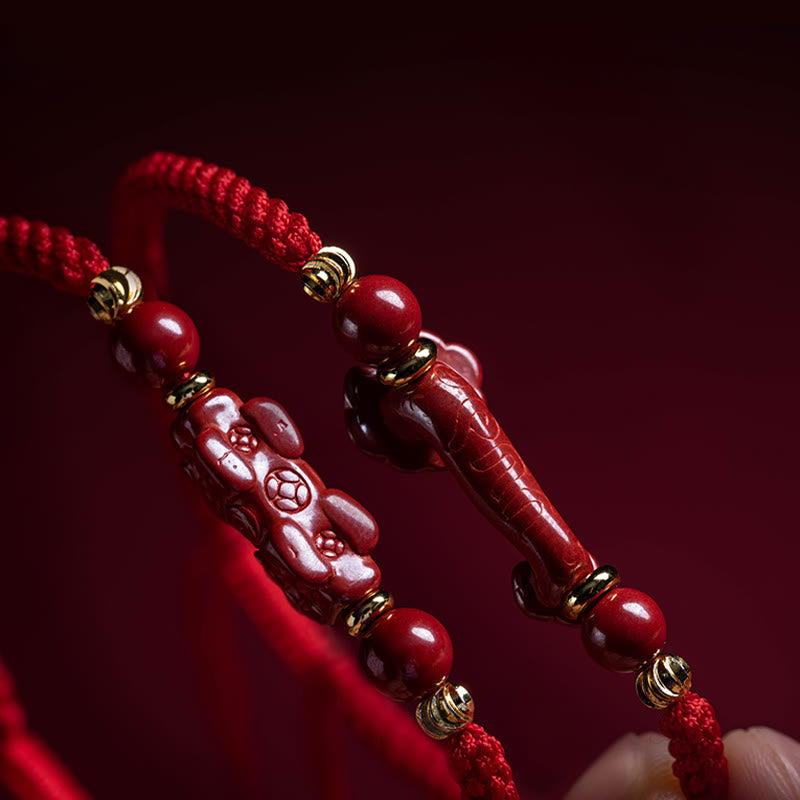 Handmade Cinnabar Ruyi and Pixiu Fu Character Braided Red String Bracelet