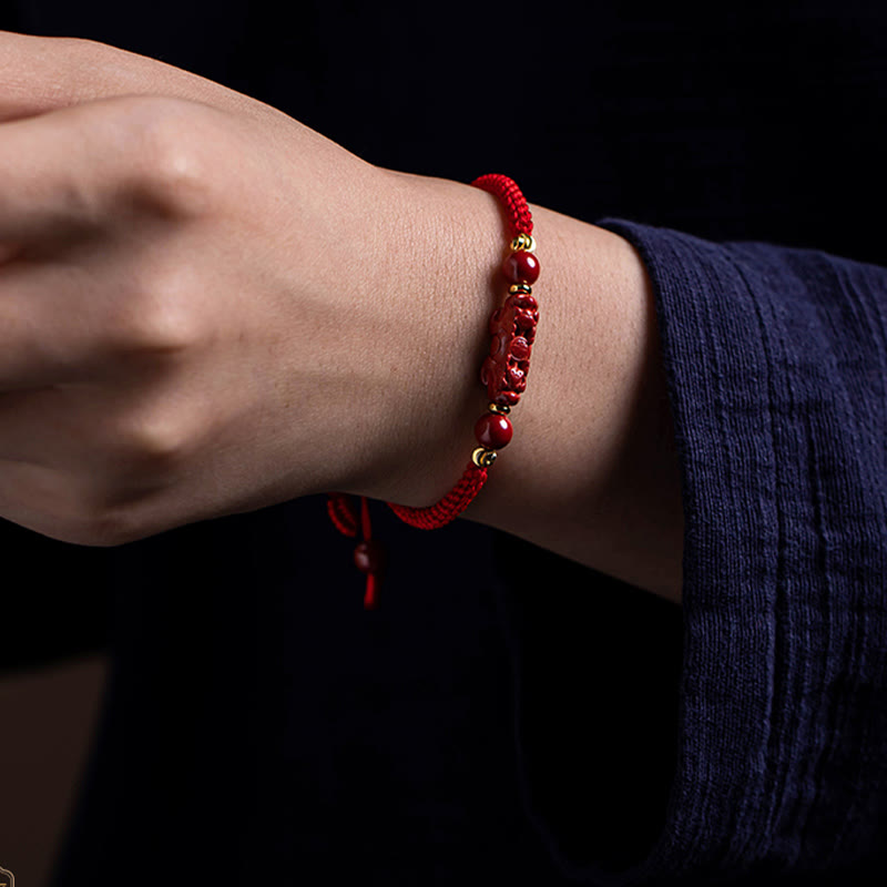 Handmade Cinnabar Ruyi and Pixiu Fu Character Braided Red String Bracelet
