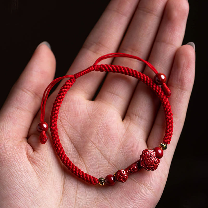 Handmade Cinnabar Ruyi and Pixiu Fu Character Braided Red String Bracelet