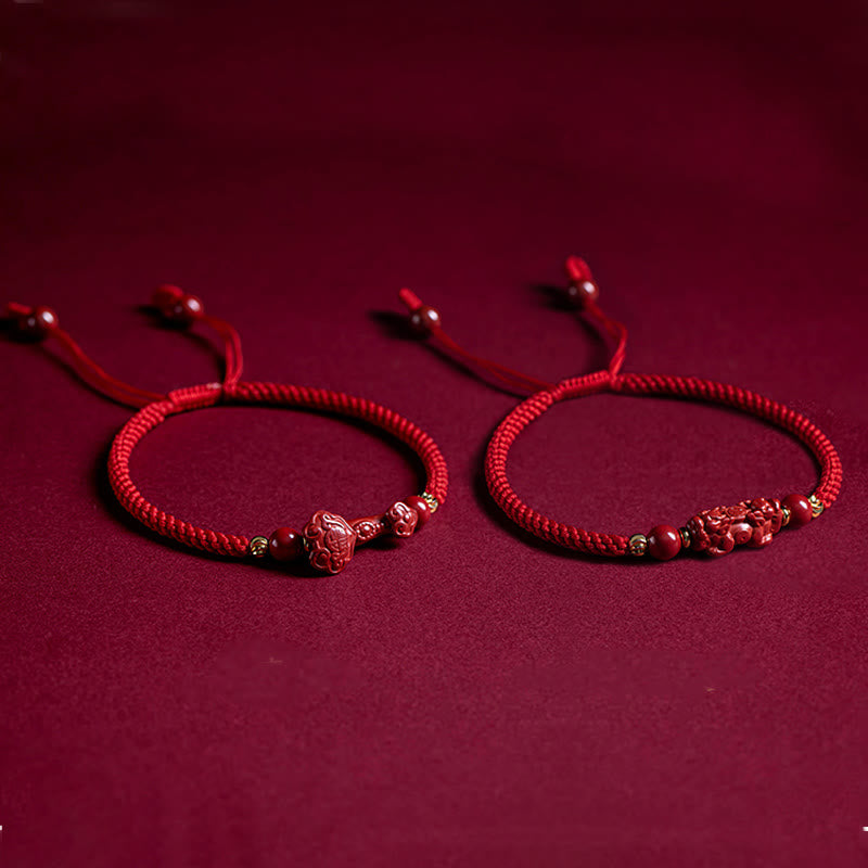 Handmade Cinnabar Ruyi and Pixiu Fu Character Braided Red String Bracelet
