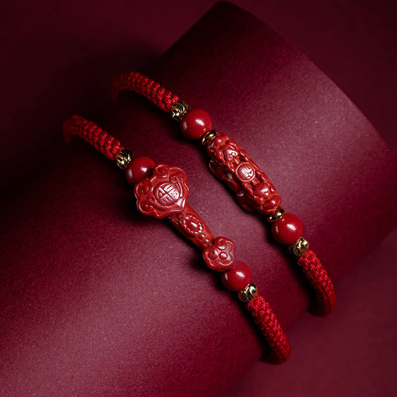 Handmade Cinnabar Ruyi and Pixiu Fu Character Braided Red String Bracelet
