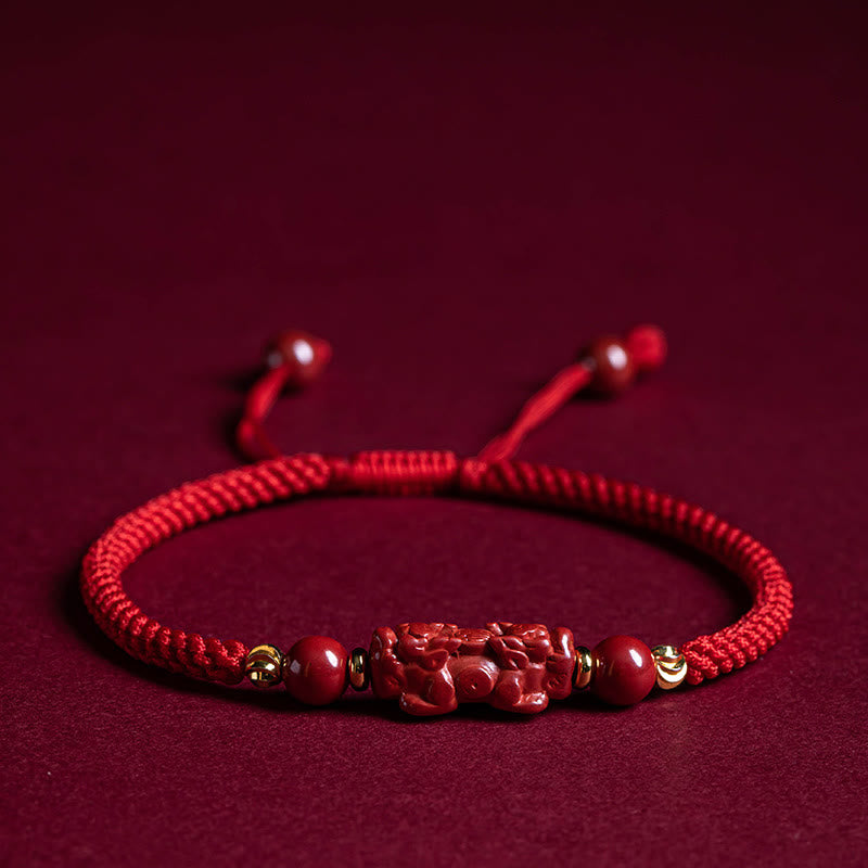 Handmade Cinnabar Ruyi and Pixiu Fu Character Braided Red String Bracelet