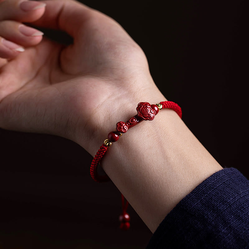 Handmade Cinnabar Ruyi and Pixiu Fu Character Braided Red String Bracelet