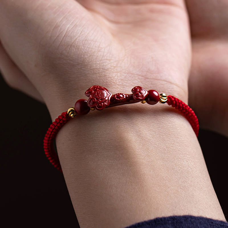 Handmade Cinnabar Ruyi and Pixiu Fu Character Braided Red String Bracelet