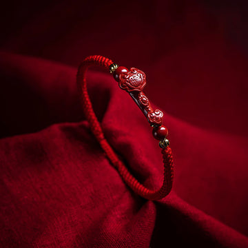 Handmade Cinnabar Ruyi and Pixiu Fu Character Braided Red String Bracelet