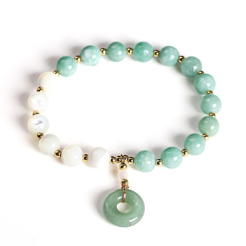Jade & Mother of Pearl Beaded Bracelet with Copper Ping An Kou Peace Buckle Charm