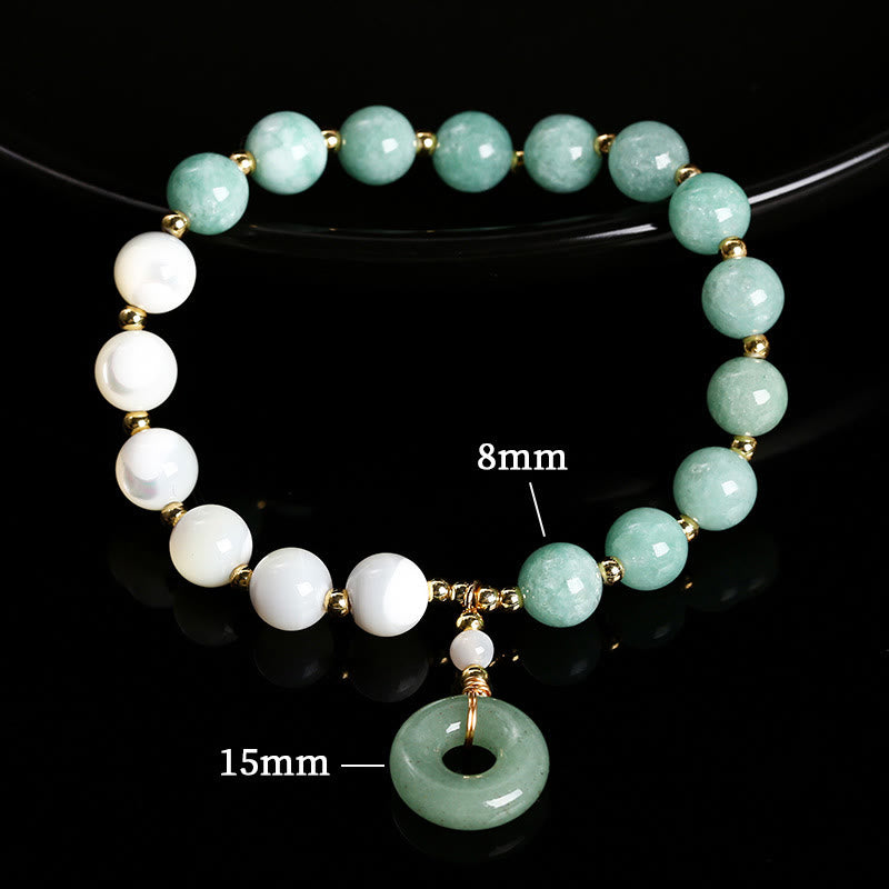 Jade & Mother of Pearl Beaded Bracelet with Copper Ping An Kou Peace Buckle Charm