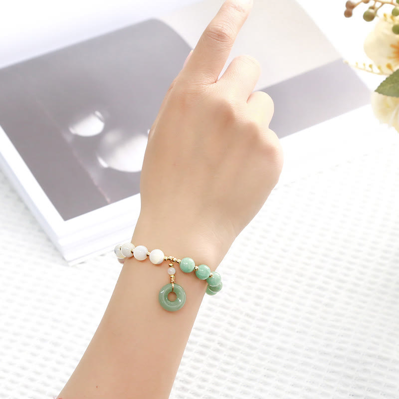 Jade & Mother of Pearl Beaded Bracelet with Copper Ping An Kou Peace Buckle Charm