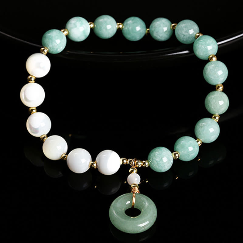 Jade & Mother of Pearl Beaded Bracelet with Copper Ping An Kou Peace Buckle Charm