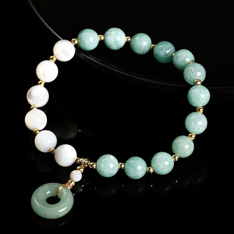 Jade & Mother of Pearl Beaded Bracelet with Copper Ping An Kou Peace Buckle Charm