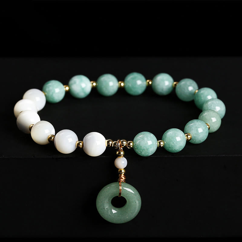Jade & Mother of Pearl Beaded Bracelet with Copper Ping An Kou Peace Buckle Charm