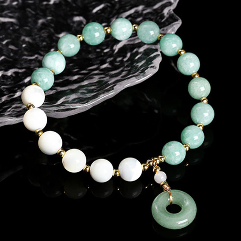 Jade & Mother of Pearl Beaded Bracelet with Copper Ping An Kou Peace Buckle Charm