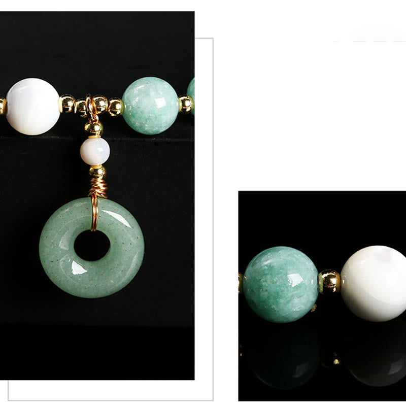 Jade & Mother of Pearl Beaded Bracelet with Copper Ping An Kou Peace Buckle Charm