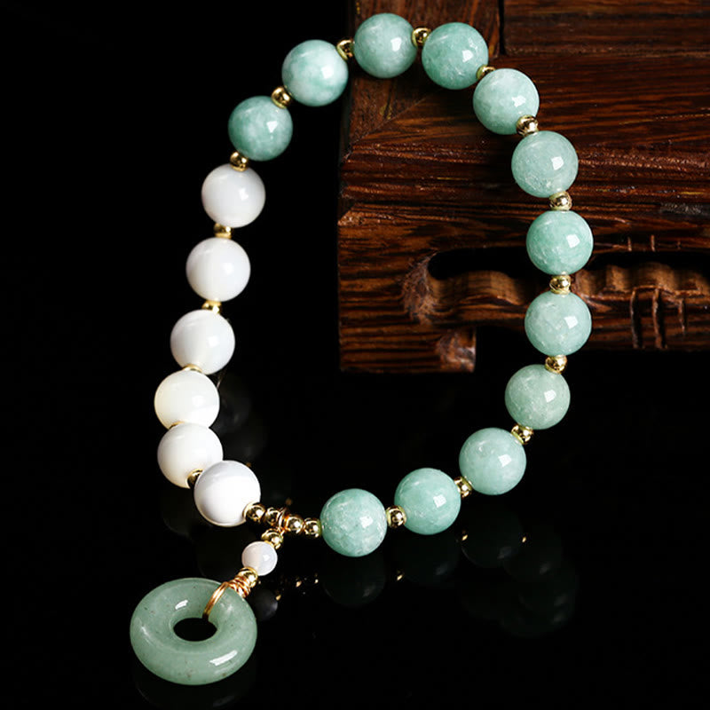 Jade & Mother of Pearl Beaded Bracelet with Copper Ping An Kou Peace Buckle Charm