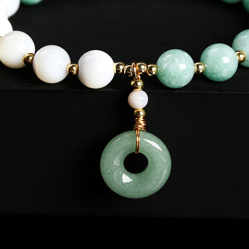 Jade & Mother of Pearl Beaded Bracelet with Copper Ping An Kou Peace Buckle Charm