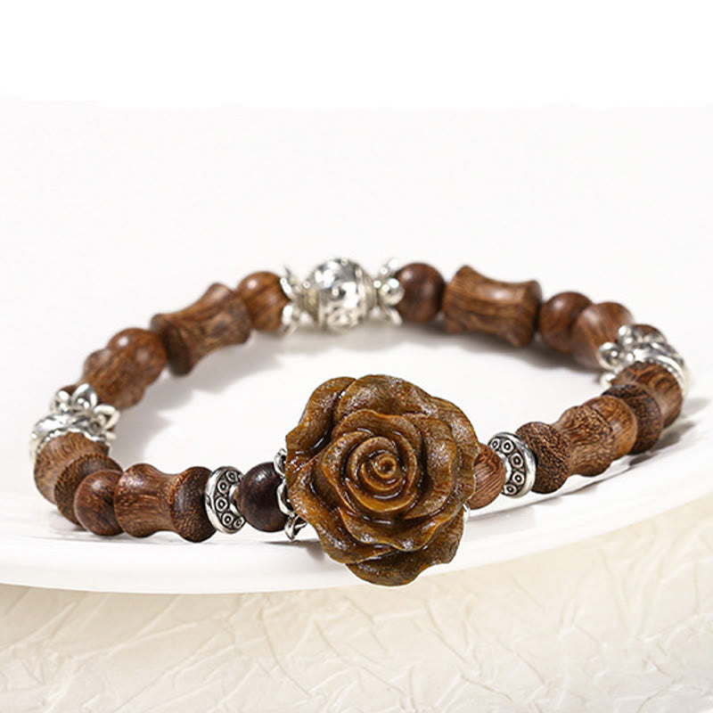 Hand-Carved Sandalwood Bamboo & Camellia Copper Accent Healing Bead Bracelet