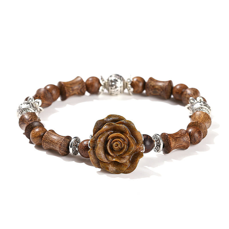 Hand-Carved Sandalwood Bamboo & Camellia Copper Accent Healing Bead Bracelet