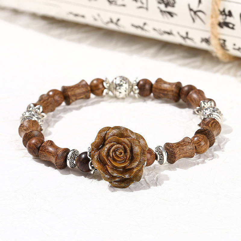 Hand-Carved Sandalwood Bamboo & Camellia Copper Accent Healing Bead Bracelet