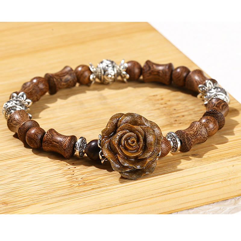 Hand-Carved Sandalwood Bamboo & Camellia Copper Accent Healing Bead Bracelet