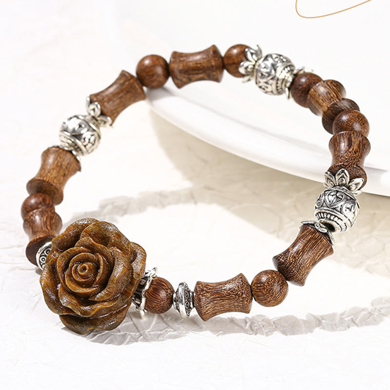 Hand-Carved Sandalwood Bamboo & Camellia Copper Accent Healing Bead Bracelet