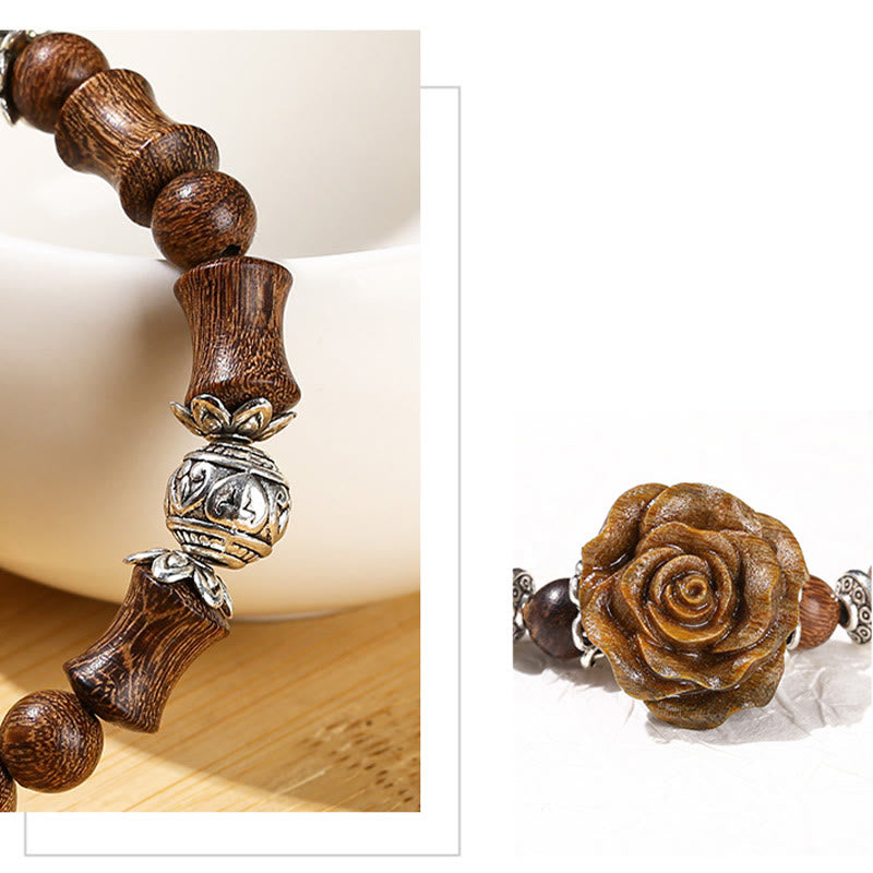 Hand-Carved Sandalwood Bamboo & Camellia Copper Accent Healing Bead Bracelet