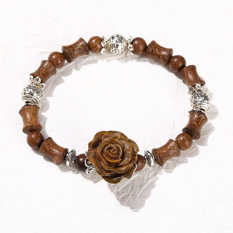 Hand-Carved Sandalwood Bamboo & Camellia Copper Accent Healing Bead Bracelet