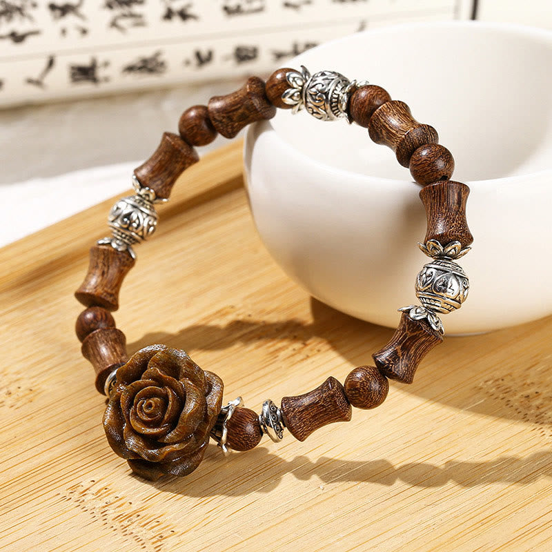 Hand-Carved Sandalwood Bamboo & Camellia Copper Accent Healing Bead Bracelet