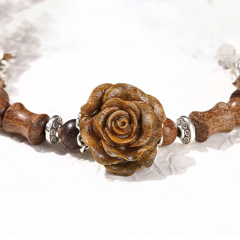 Hand-Carved Sandalwood Bamboo & Camellia Copper Accent Healing Bead Bracelet