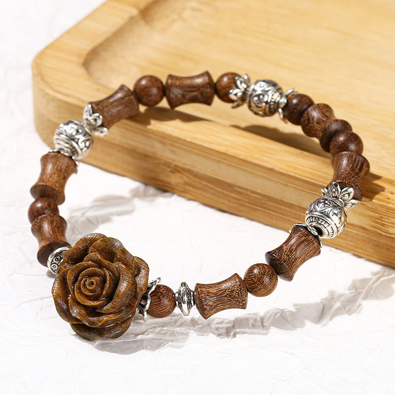 Hand-Carved Sandalwood Bamboo & Camellia Copper Accent Healing Bead Bracelet