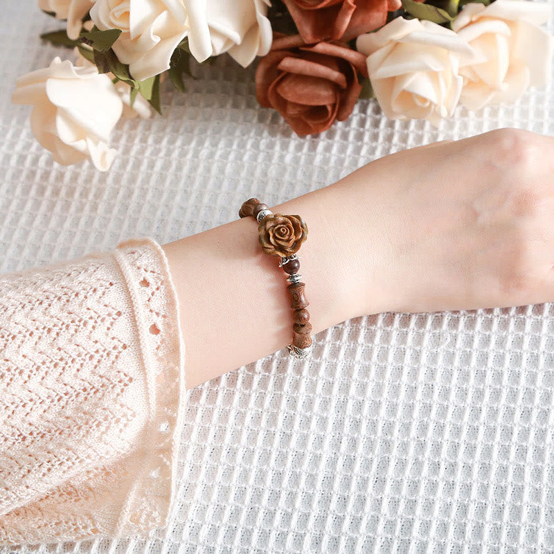 Hand-Carved Sandalwood Bamboo & Camellia Copper Accent Healing Bead Bracelet