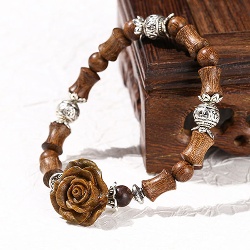 Hand-Carved Sandalwood Bamboo & Camellia Copper Accent Healing Bead Bracelet