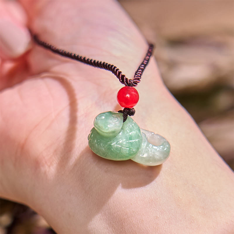 Chinese Zodiac Year of the Snake Natural Jade Luck Necklace Pendant