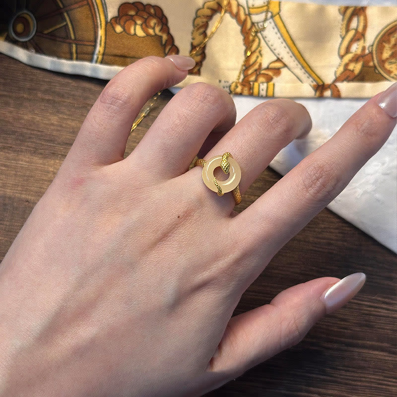 Adjustable 925 Sterling Silver Golden Snake Chalcedony Ping An Kou Peace Buckle Ring